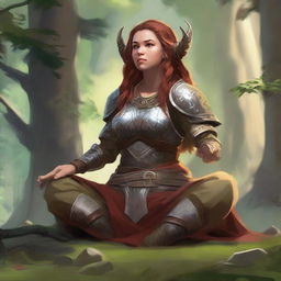 nafure's energy soars around a female dwarven druid that meditates amid nature while wearing her heavy armor