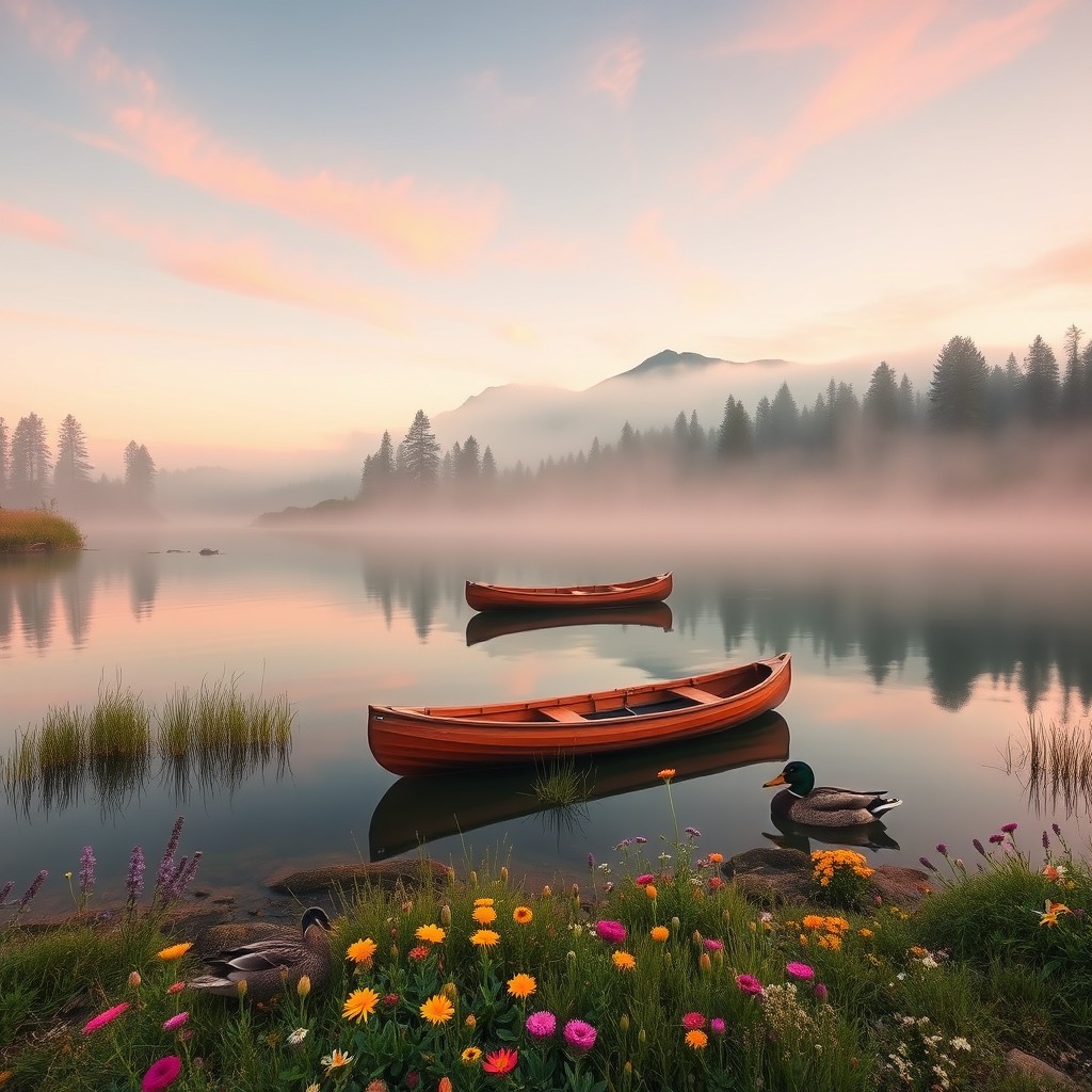 A tranquil scene of a serene mountain lake at dawn, surrounded by majestic pine trees, with the sky painted in soft pastel colors of pink and orange