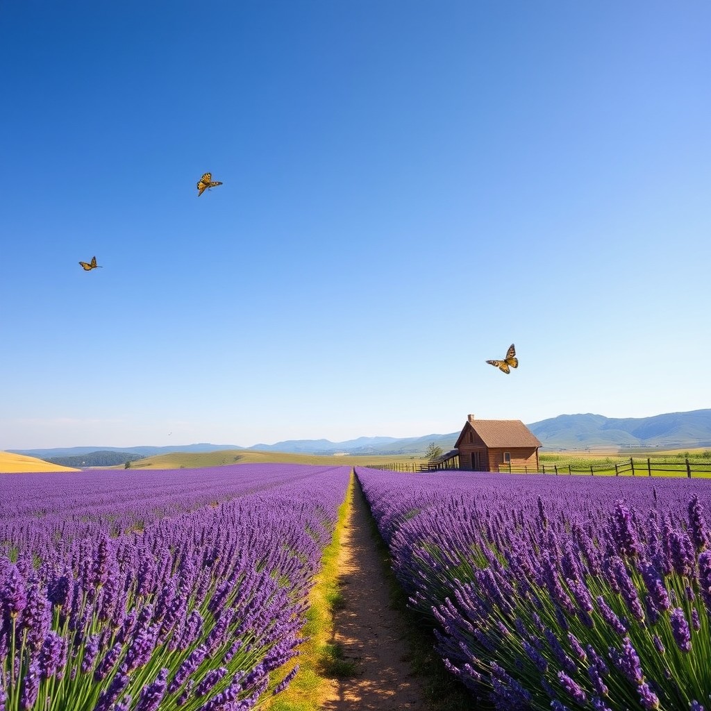 A serene landscape of a vast lavender field with vibrant purple flowers in full bloom under a clear blue sky