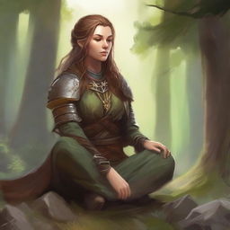 nafure's energy soars around a female dwarven druid that meditates amid nature while wearing her heavy armor