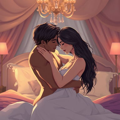A beautifully illustrated artistic representation of an intimate and sensual moment between an adult couple, showcasing genuine affection and connection