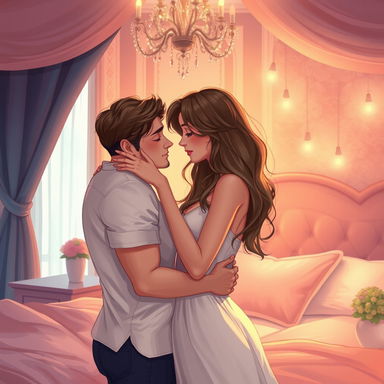 A beautifully illustrated artistic representation of an intimate and sensual moment between an adult couple, showcasing genuine affection and connection