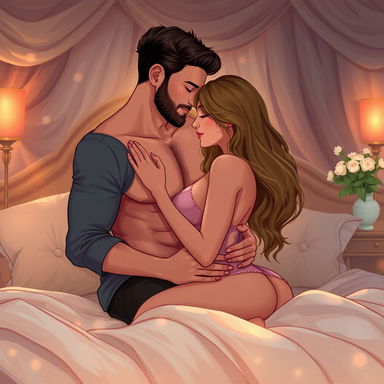 A beautifully illustrated artistic representation of an intimate and sensual moment between an adult couple, showcasing genuine affection and connection