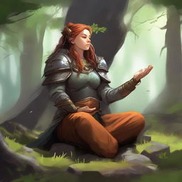 nafure's energy soars around a female dwarven druid that meditates amid nature while wearing her heavy armor