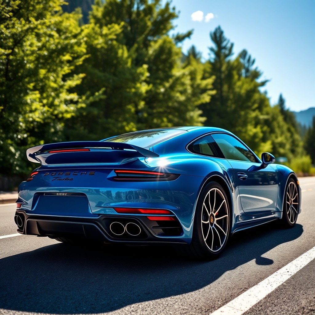 A stunning Porsche 911 Turbo S, showcasing its sleek and powerful design, featuring a vibrant blue exterior with gleaming reflections from the sun, parked on a scenic mountain road