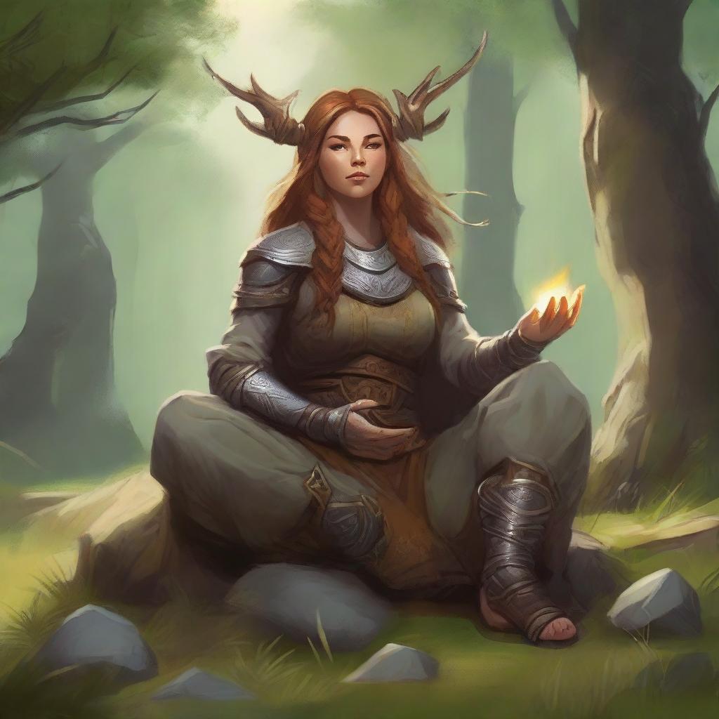 nafure's energy soars around a female dwarven druid that meditates amid nature while wearing her heavy armor