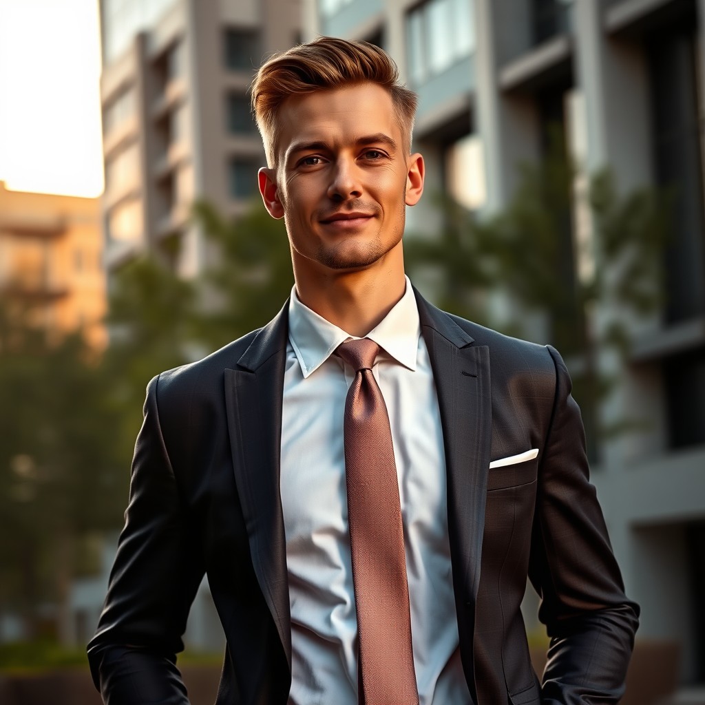 A confident and stylish man standing in an urban environment, wearing a tailored suit with a crisp white shirt and a matching tie