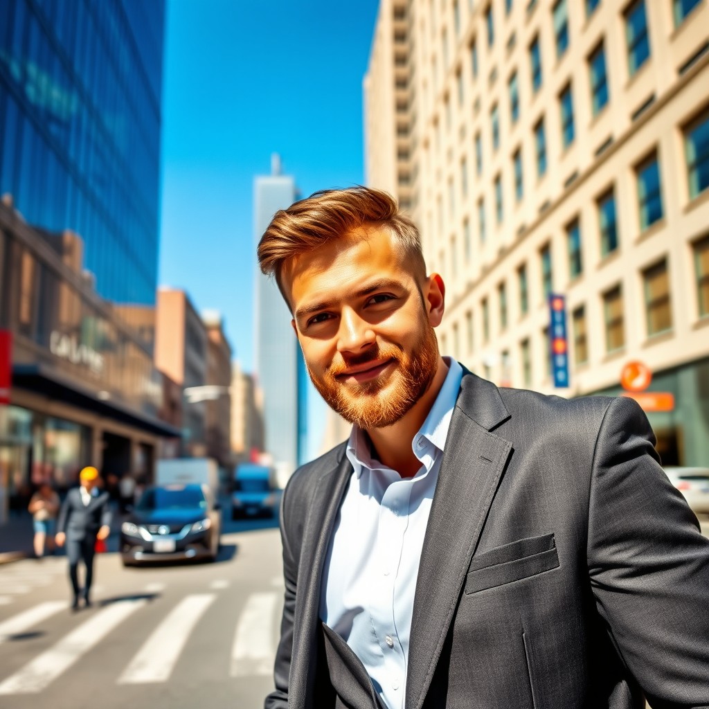 A charismatic man standing confidently on a city street, wearing a sharp tailored suit, with a modern building in the background