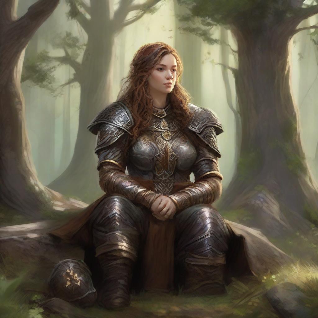 wood and earth energy soars around a female dwarven kineticist that meditates amid nature while wearing her heavy armor