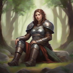 wood and earth energy soars around a female dwarven kineticist that meditates amid nature while wearing her heavy armor