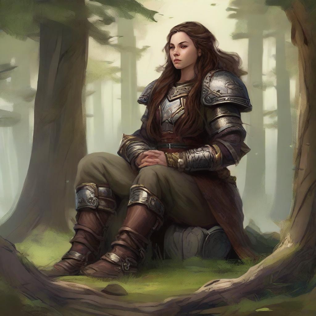 wood and earth energy soars around a female dwarven kineticist that meditates amid nature while wearing her heavy armor