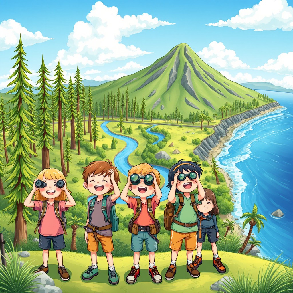 A colorful illustration of a panoramic landscape featuring multiple natural environments: a tall tree forest, a winding river, a mountain in the background, and the ocean on the side