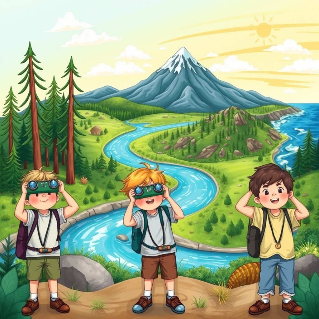 A colorful illustration of a panorama showcasing various natural environments simultaneously: a forest with tall trees, a winding river flowing through the landscape, a majestic mountain in the background, and the ocean beside it