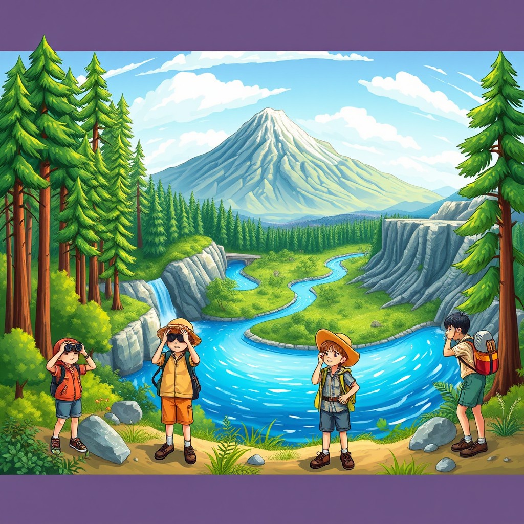 A colorful illustration of a panoramic nature scene showcasing multiple environments simultaneously: a tall forest with lush green trees, a winding river flowing gently, a majestic mountain in the background, and an expansive ocean to the side