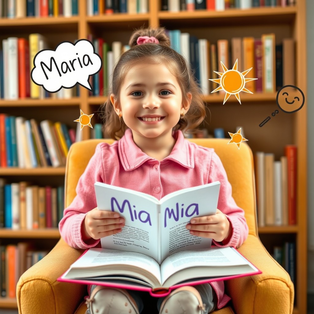 A cheerful girl named Maria sitting on a chair, holding an open book in her hands