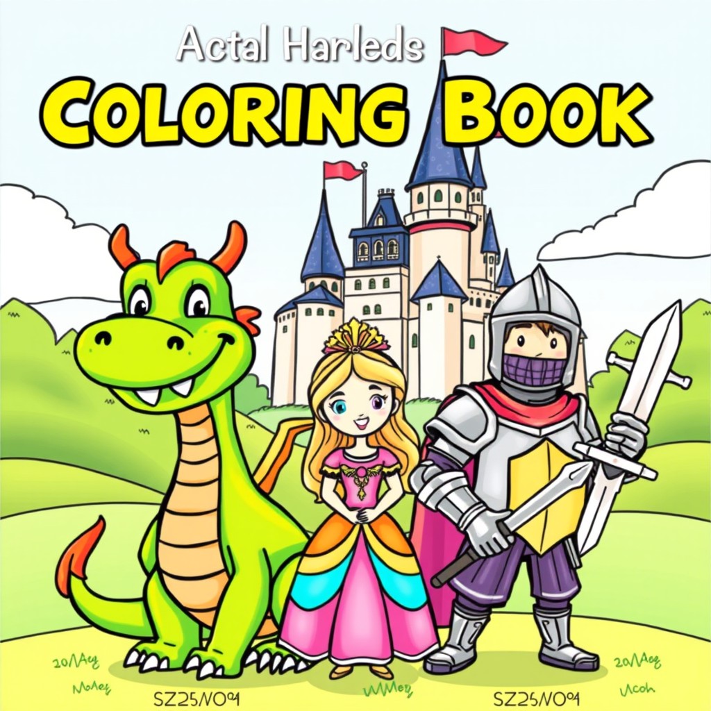 A whimsical cover for a children's coloring book featuring a friendly dragon, a cheerful princess, a brave medieval knight, and a majestic castle in the background