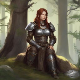 wood and earth energy soars around a female dwarven kineticist that meditates amid nature while wearing her heavy armor