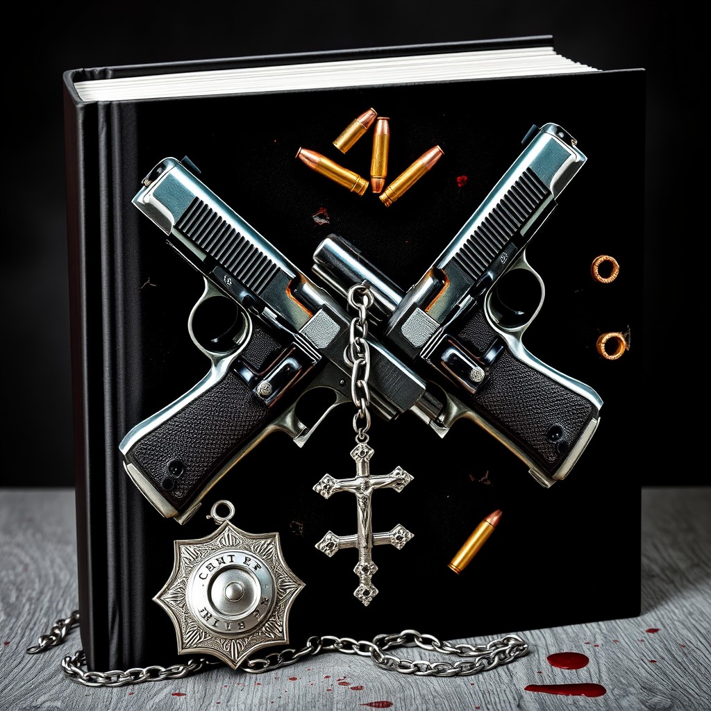 A 7" x 7" book cover featuring two gleaming pistols arranged in an X shape at the center