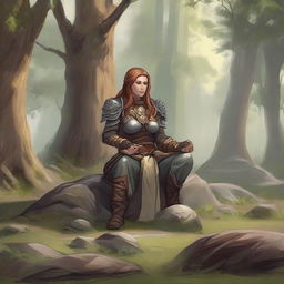 wood and earth energy gathers around a female dwarven kineticist that meditates amid nature while wearing her heavy armor