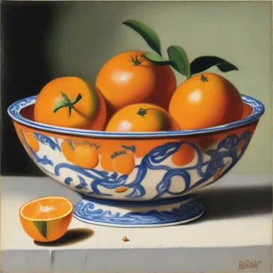 The artist painted a still life of a bowl of oranges with their orange rinds meticulously depicted.