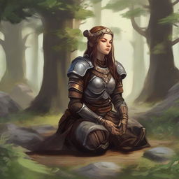 wood and earth energy gathers around a female dwarven kineticist that meditates amid nature while wearing her heavy armor