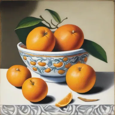 The artist painted a still life of a bowl of oranges with their orange rinds meticulously depicted.