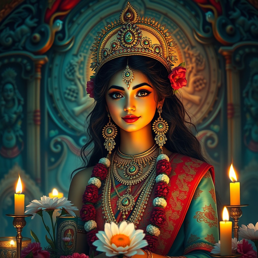 A stunningly beautiful Hindu Devi depicted in a serene and divine setting, adorned with traditional jewelry and vibrant, intricately designed clothing