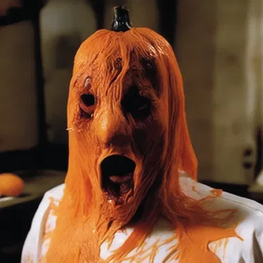 The horror movie had a terrifying scene where the antagonist's face was covered in decaying orange rind.