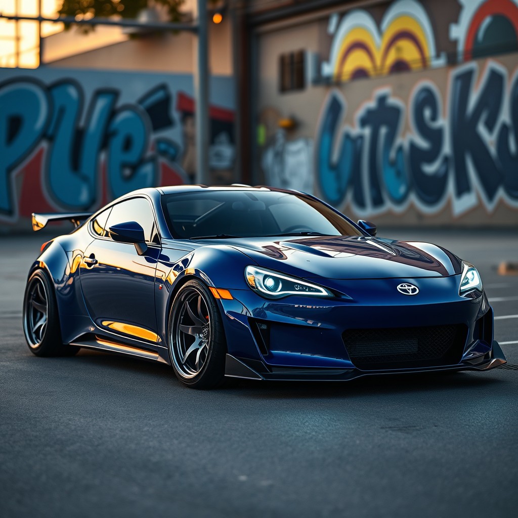 A customized car concept featuring a sleek sports coupe with lowered suspension for a sportier stance