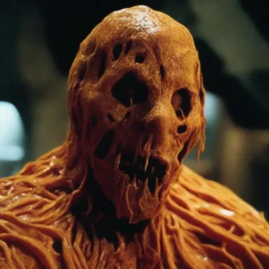 The horror movie had a terrifying scene where the antagonist's face was covered in decaying orange rind.