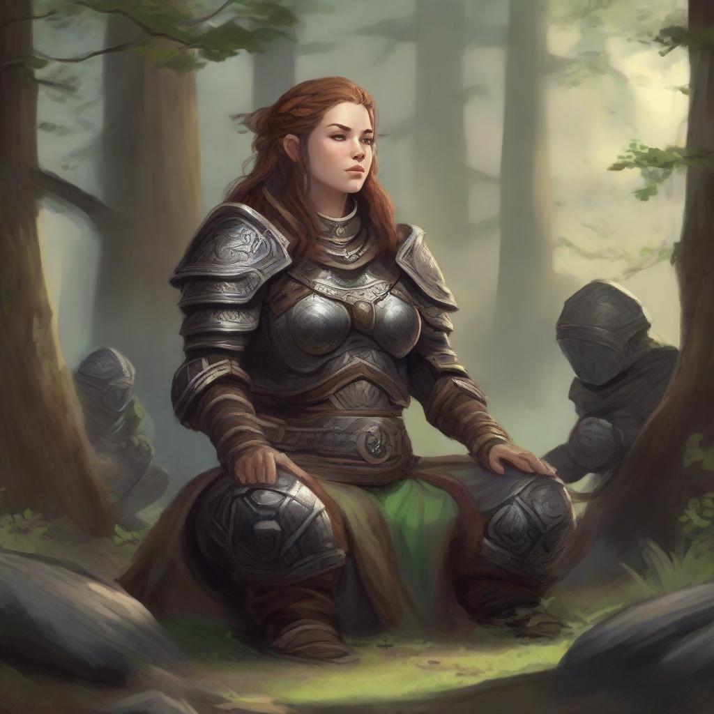 wood and earth energy gathers around a female dwarven kineticist that meditates amid nature while wearing her heavy armor