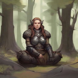 wood and earth energy gathers around a female dwarven kineticist that meditates amid nature while wearing her heavy armor