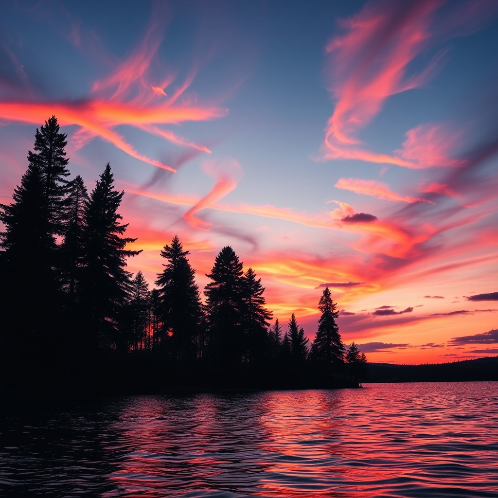 A captivating and powerful image of a beautiful sunset over a tranquil lake, with vibrant oranges and pinks reflecting off the water