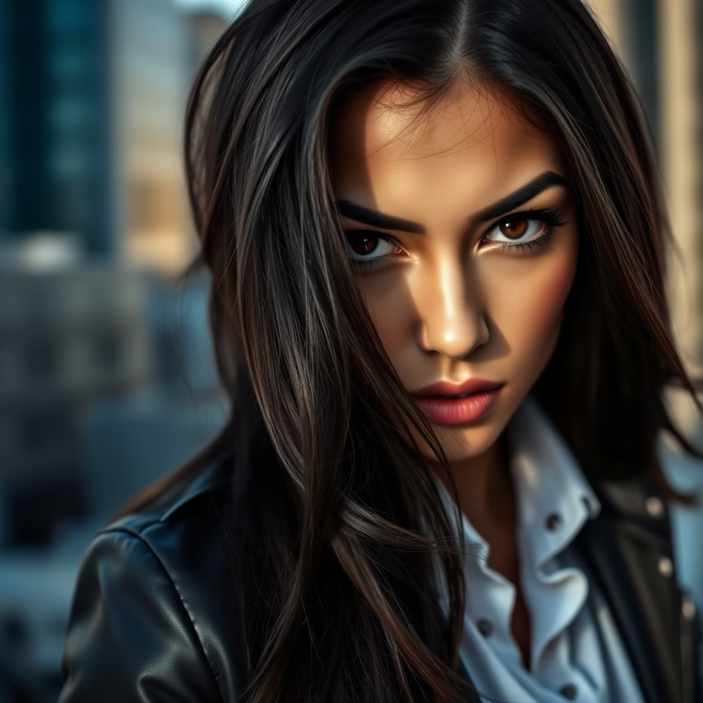 A detailed close-up portrait of a beautiful, confident woman with long, flowing dark hair