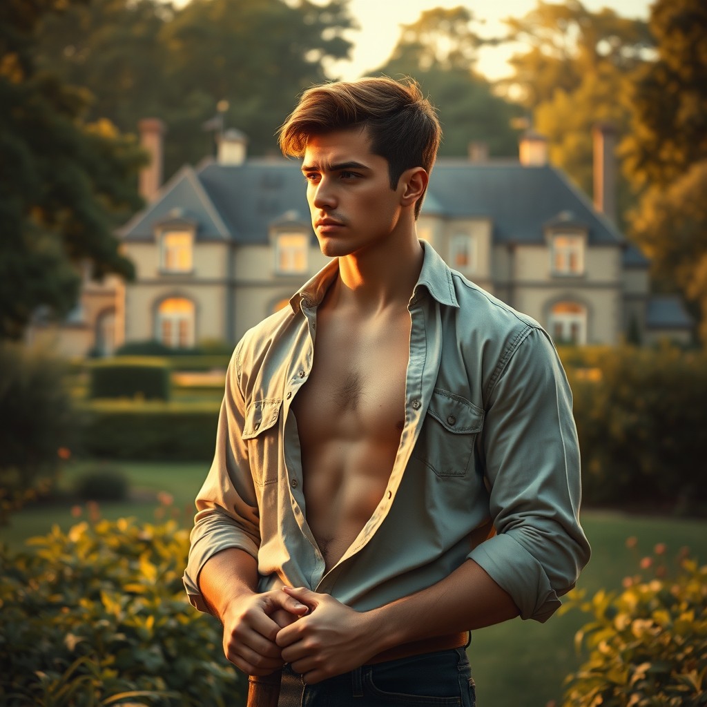 An atmospheric book cover illustration in portrait format, featuring a handsome, strong young gardener with an open shirt collar and slightly unbuttoned shirt revealing part of his chest