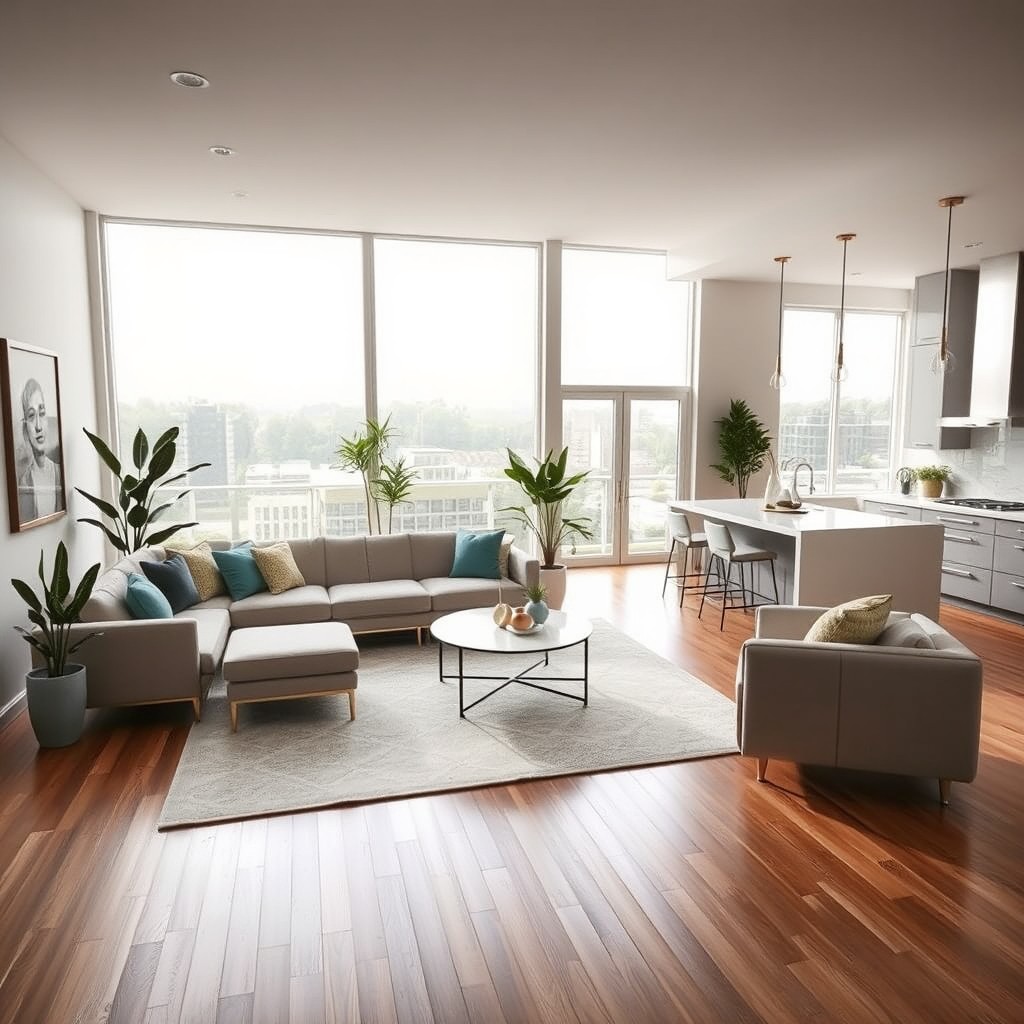 A modern and stylish room remodel featuring a spacious living area with contemporary furniture, soft lighting, and large windows allowing natural light to flood in