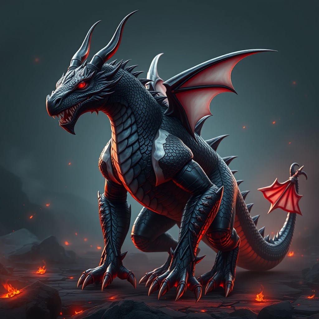 A striking humanoid demon dragon with an imposing presence, featuring a mix of black, white, and red colors