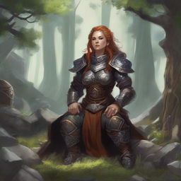 energy gathers around a female dwarven kineticist that meditates amid nature while wearing her heavy armor