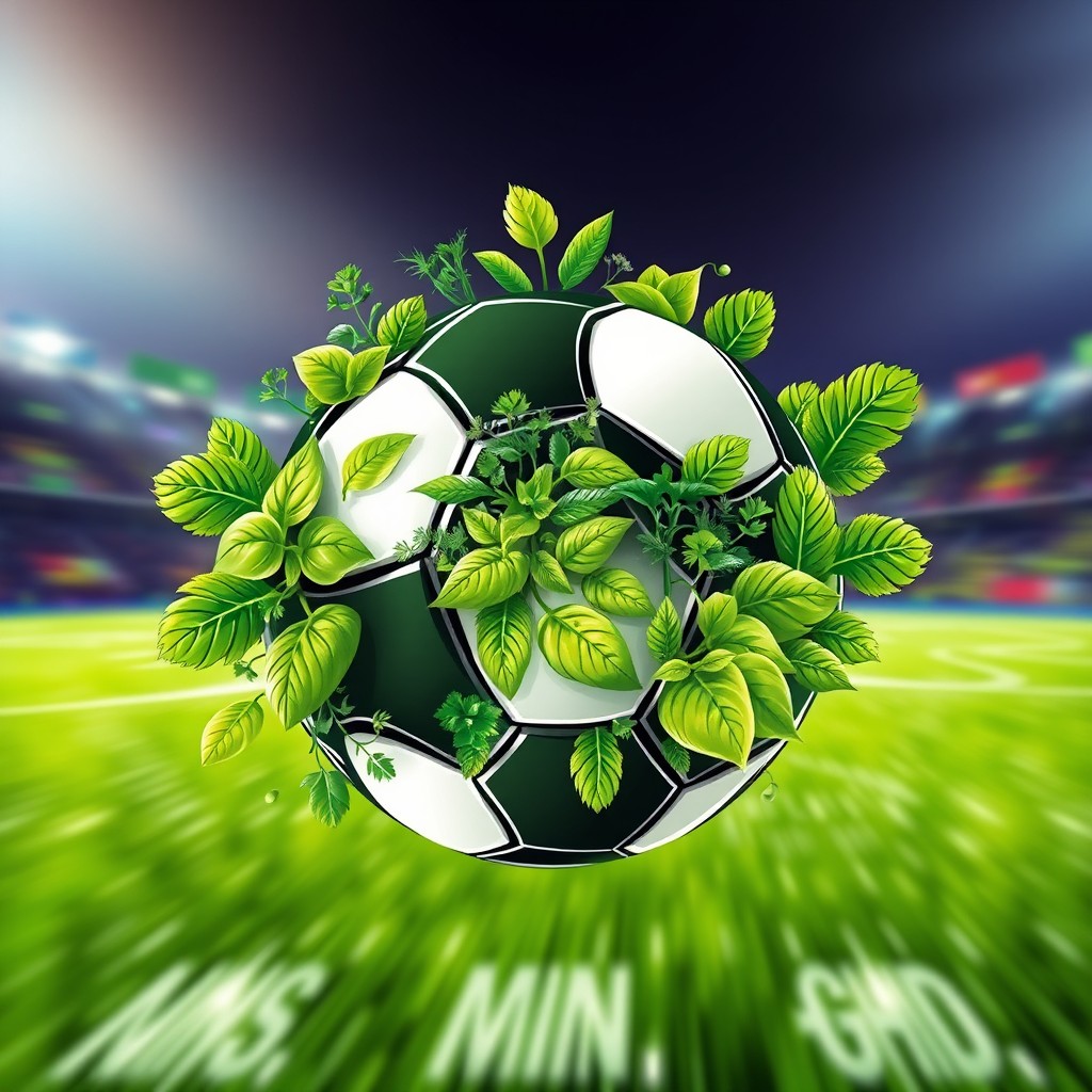 A vibrant, eye-catching herbal design for a football team, featuring an array of fresh, green herbs like basil, parsley, and mint creatively intermingled with a football motif