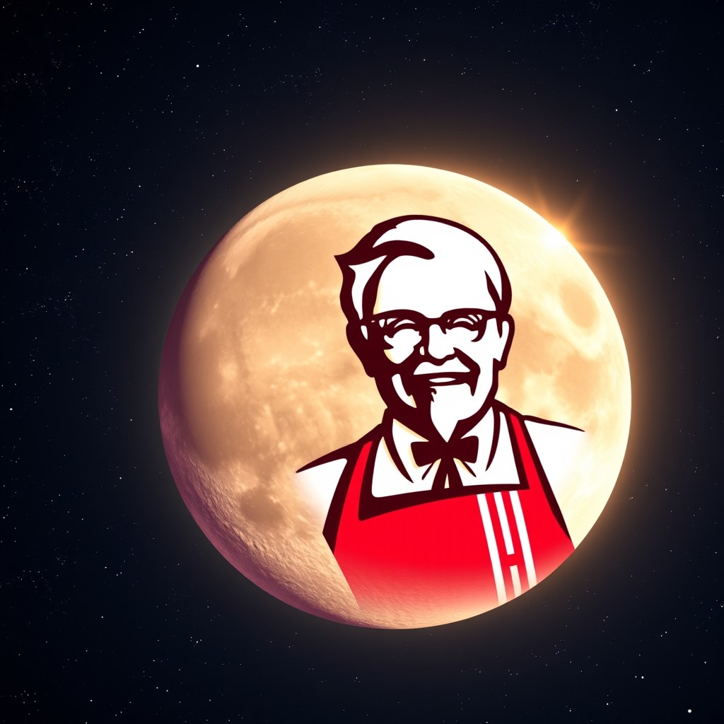 A stylized representation of the KFC logo creatively integrated with a moon in the background, with the iconic Colonel Sanders figure prominently featured alongside the moon