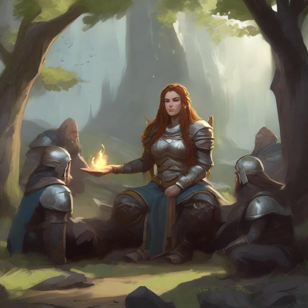 energy gathers around a female dwarven kineticist that meditates amid nature while wearing her heavy armor