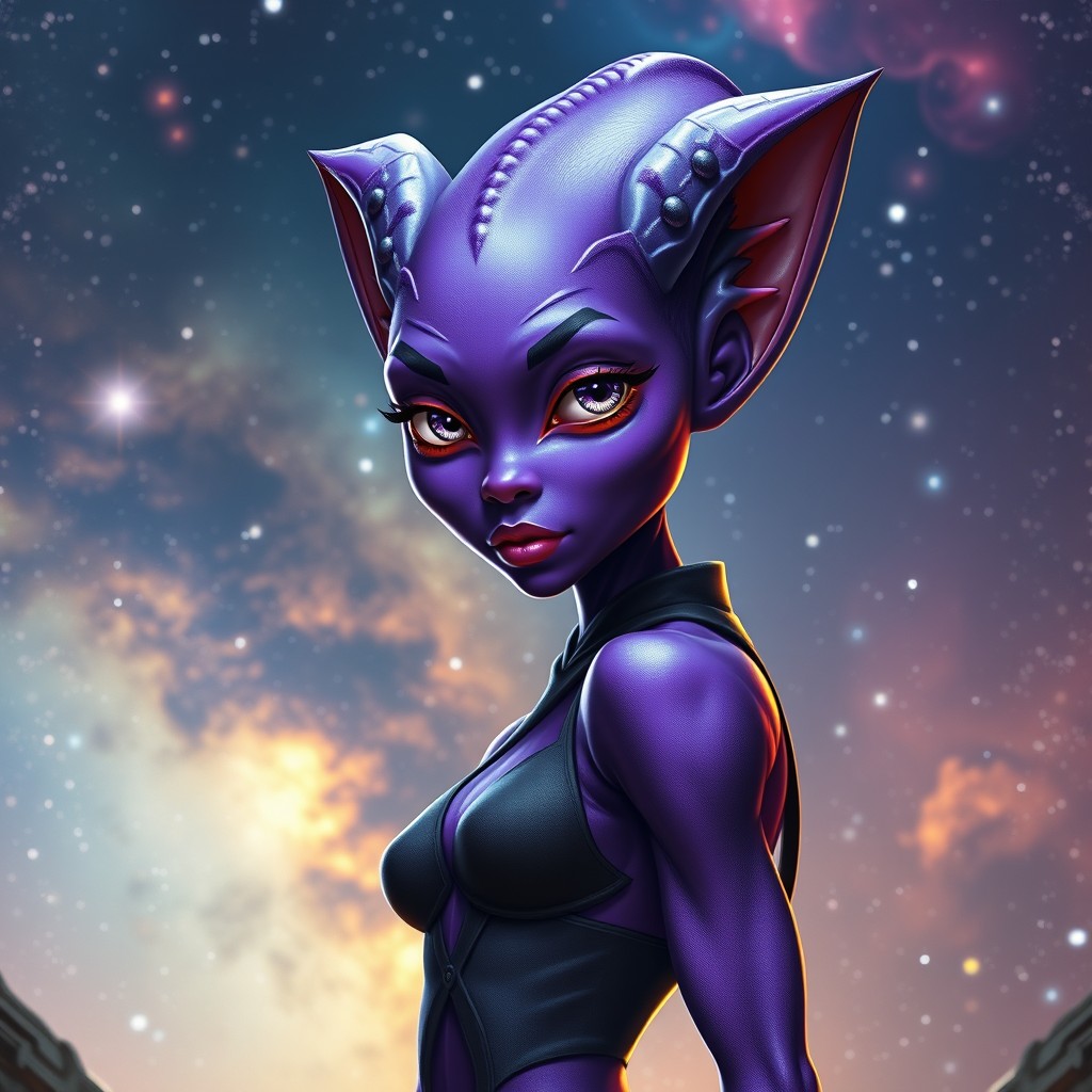 A fit purple alien girl with pointed ears and distinct African facial features, showcasing her unique appearance with vibrant purple skin