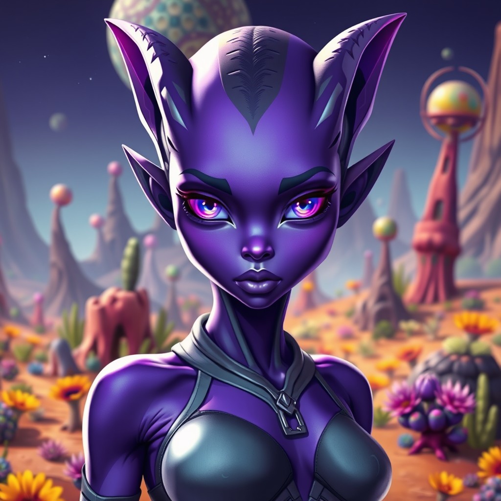 A fit purple alien girl with pointed ears, showcasing African facial features