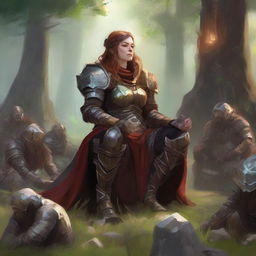 energy gathers around a female dwarven kineticist that meditates amid nature while wearing her heavy armor