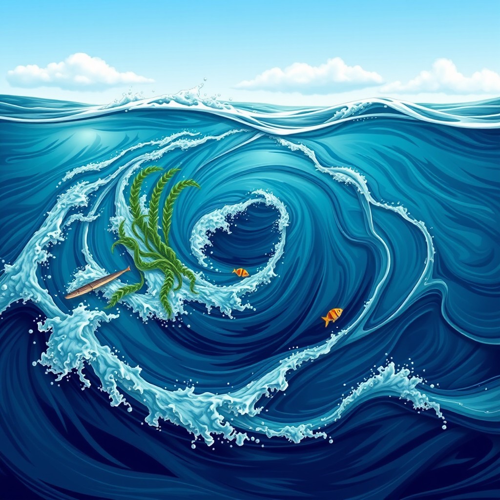 A detailed illustration of a mesoscale ocean whirlpool, showcasing its dynamic flow, eddies, and intricate water movement patterns