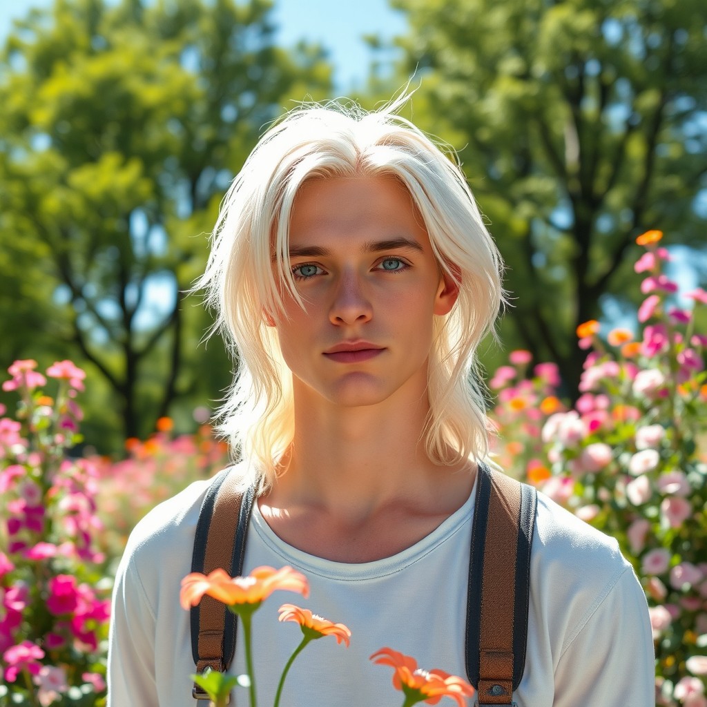 A handsome young man with long, white hair and striking blue eyes, standing in a serene outdoor setting filled with vibrant flowers and soft sunlight
