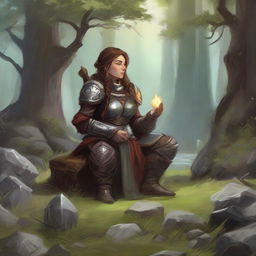 energy gathers around a female dwarven kineticist that meditates amid nature while wearing her heavy armor