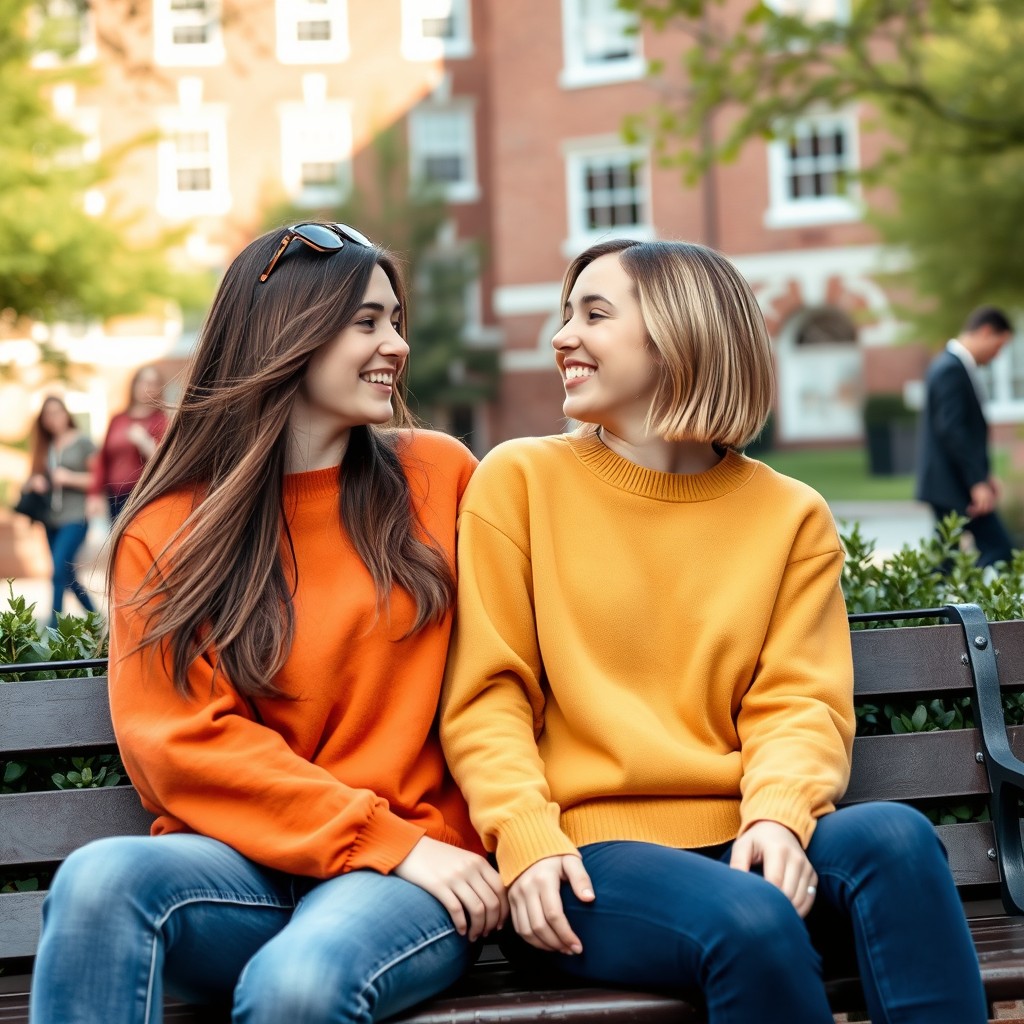 A tender moment between two female students in a romantic relationship, sitting closely together on a university campus bench surrounded by lush greenery