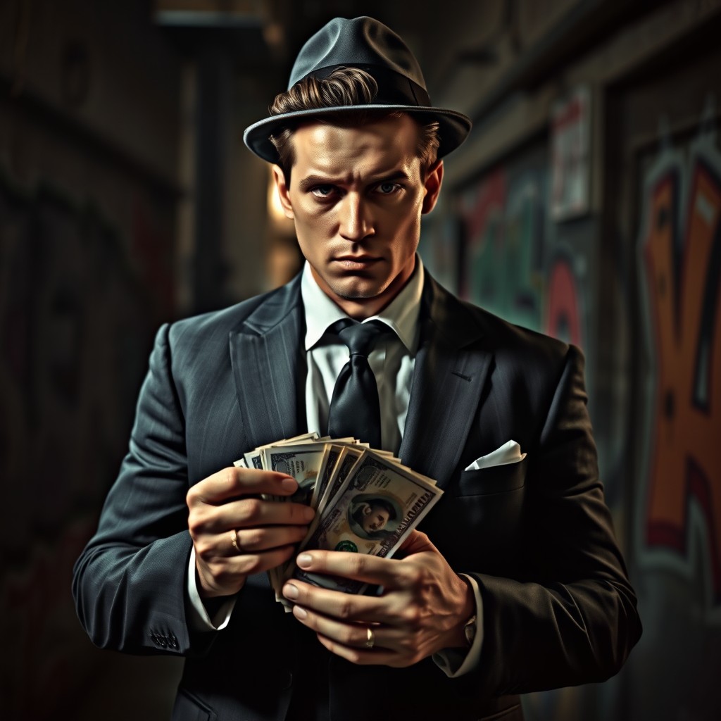 A stylish gangster holding a stack of cash in his hands, dressed in a sharp suit and fedora