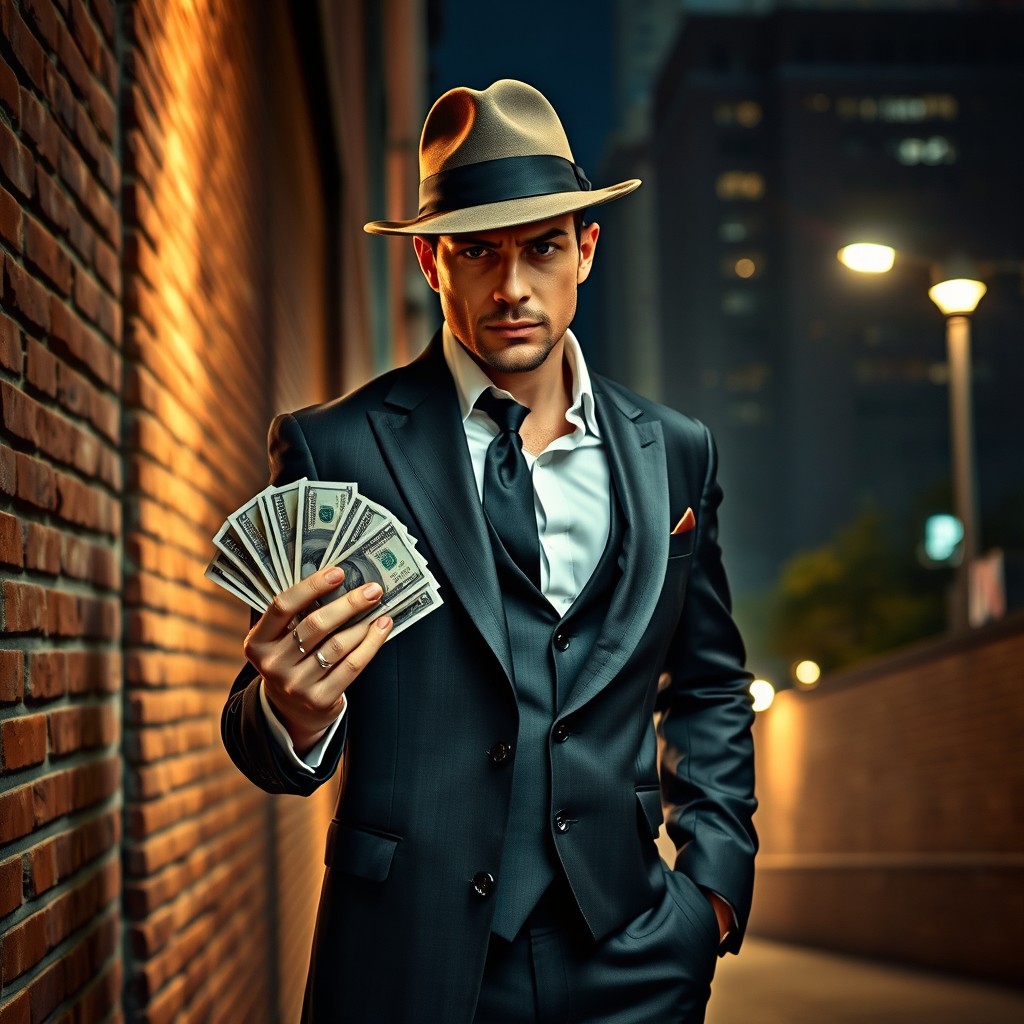 A stylish gangster holding a stack of cash in one hand, dressed in a sleek suit and fedora, with an assertive and confident expression